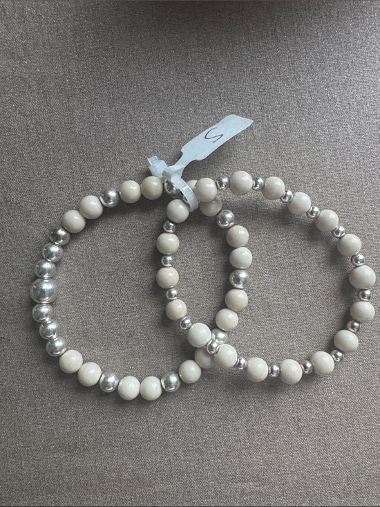 KimberlyJordyn Jewelry - Neutral Cream Bead Stretch Bracelet Set with Sterling Silver Accents